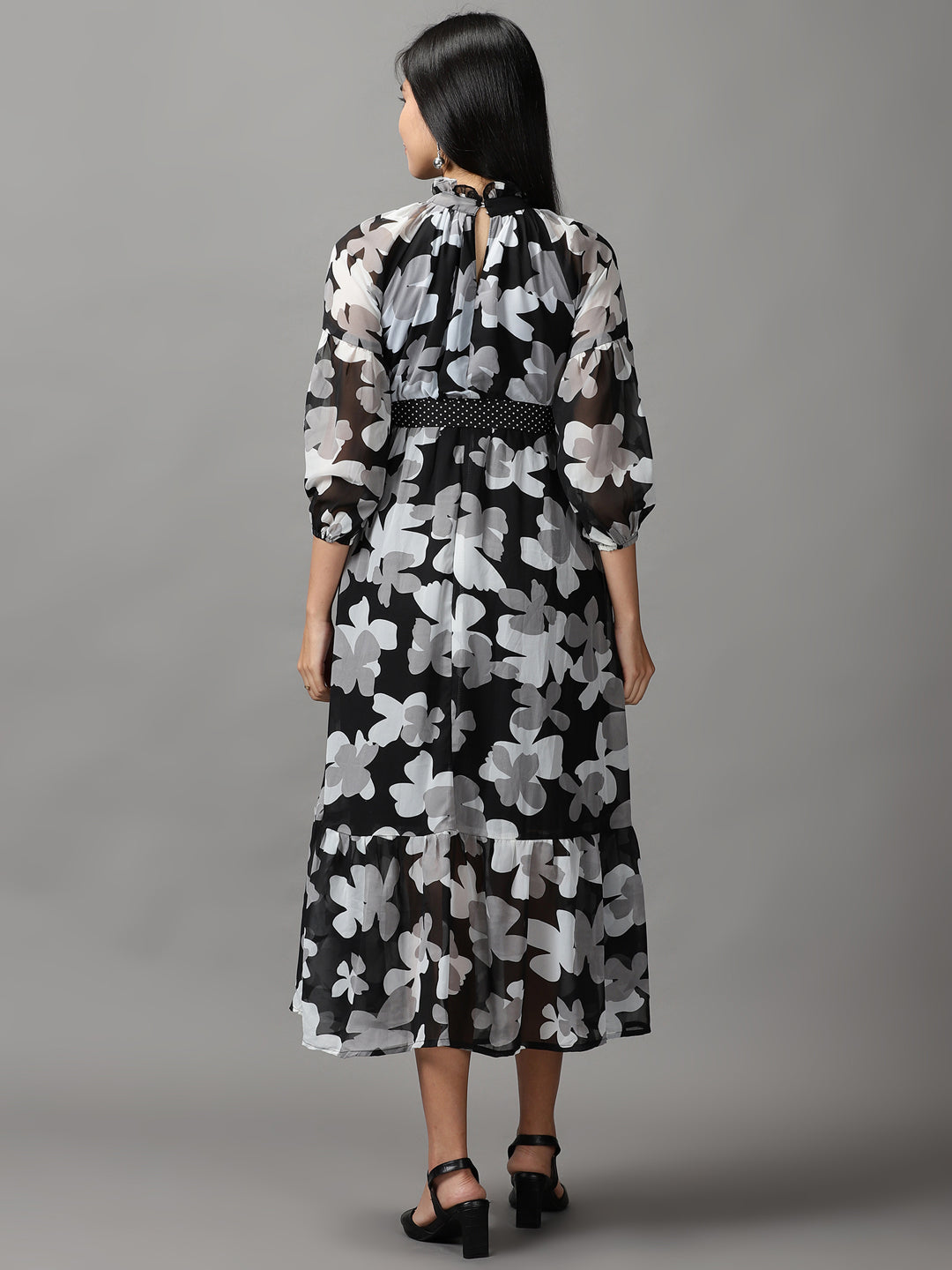 Women's Black Floral Layered Chiffon Fit & Flare Dress