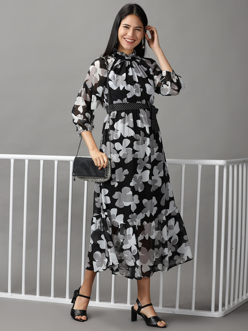 Women's Black Floral Layered Chiffon Fit & Flare Dress