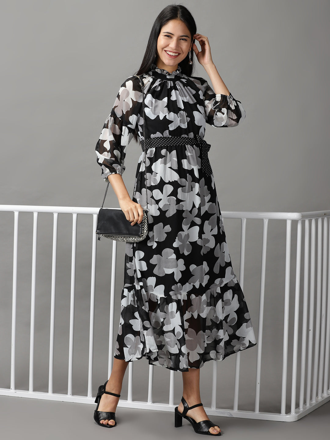 Women's Black Floral Layered Chiffon Fit & Flare Dress