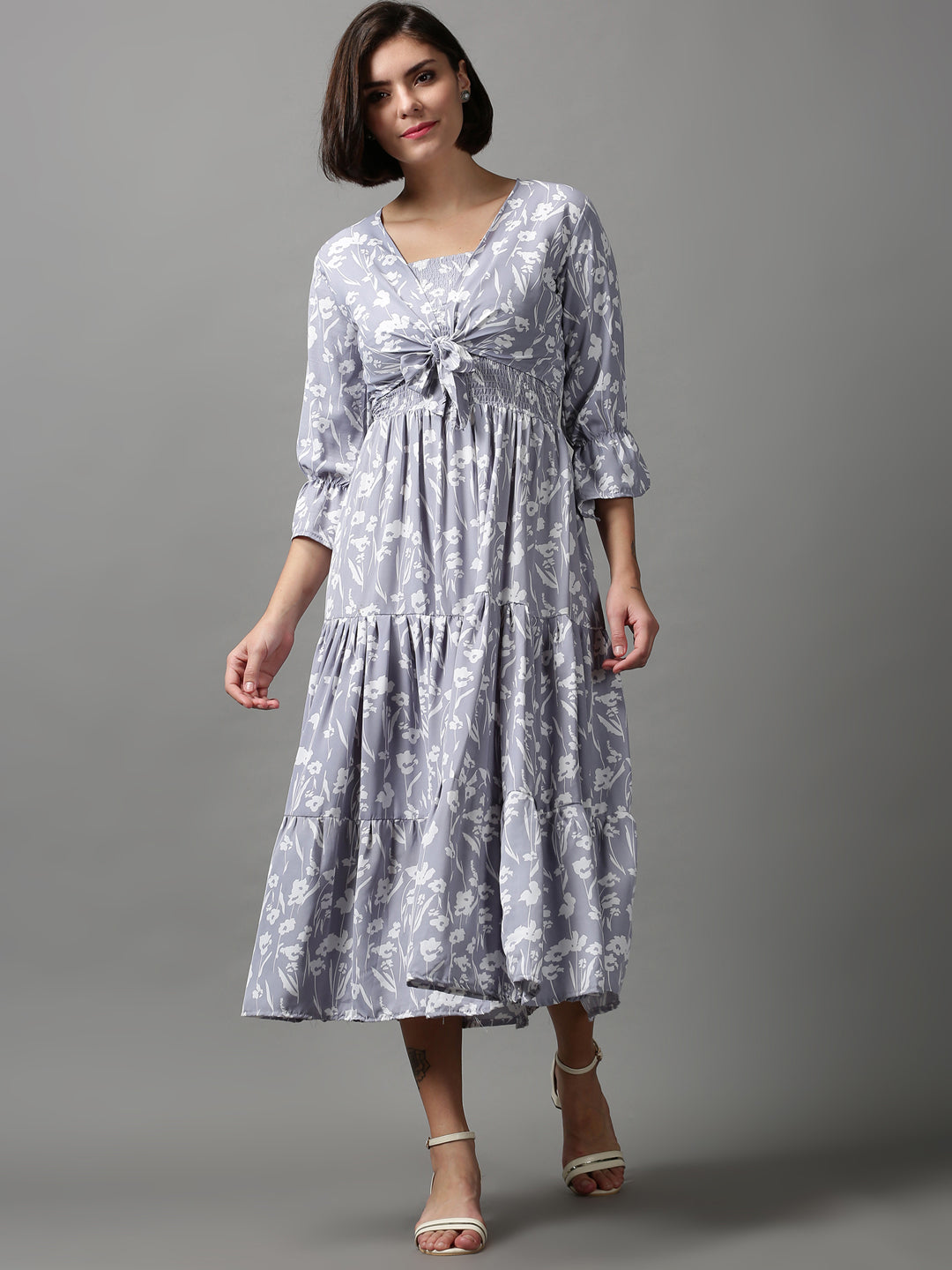 Women's Grey Floral Midi Dress