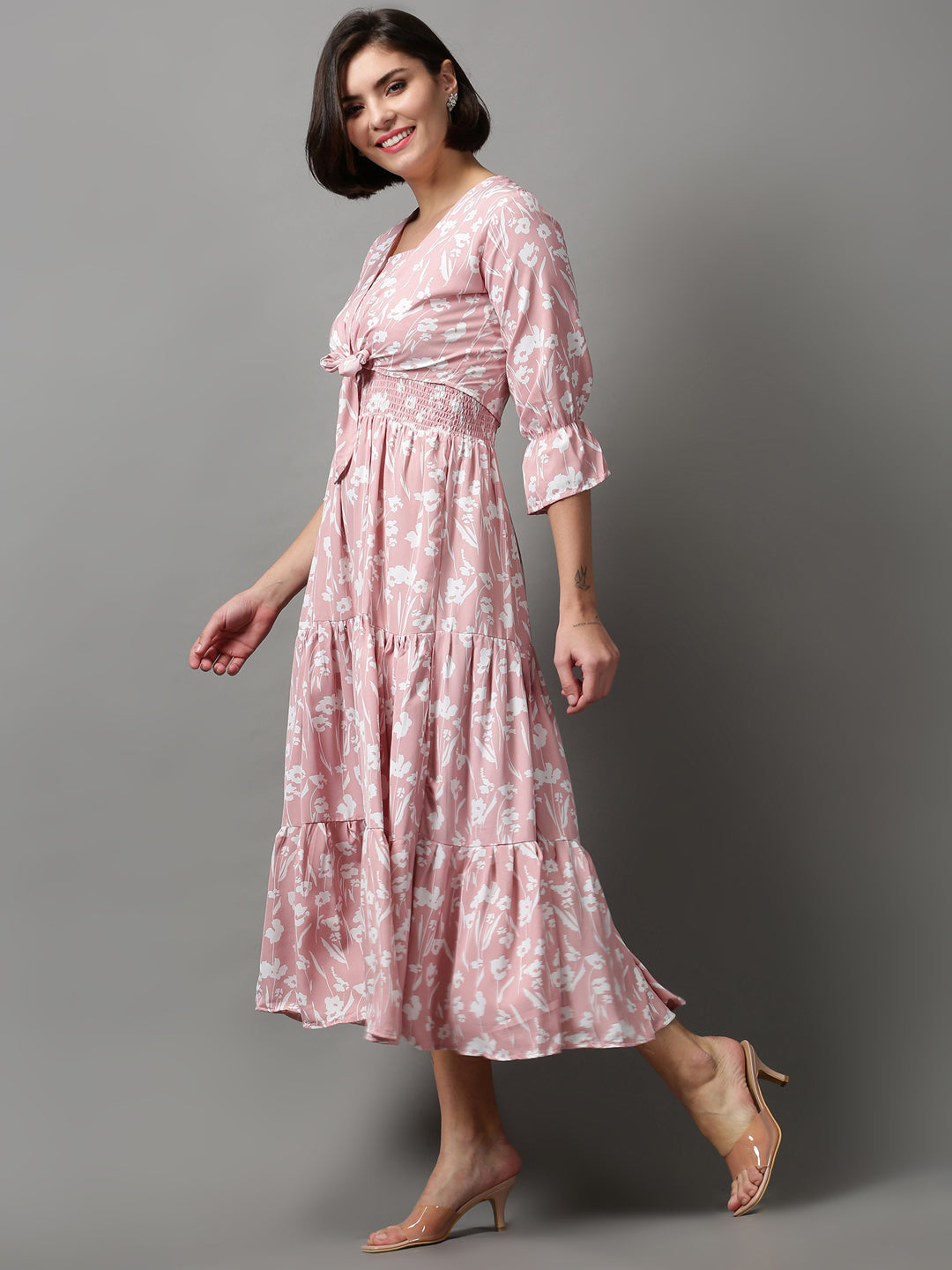 Women's Pink Floral Printed Tiered Midi Dress