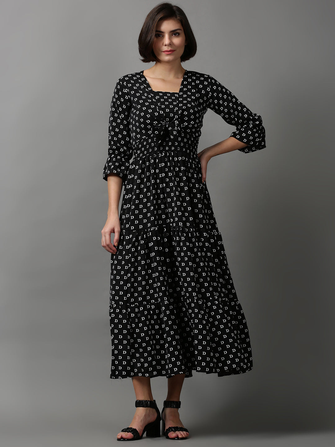 Women's Black Printed Crepe Midi Dress With Shrug