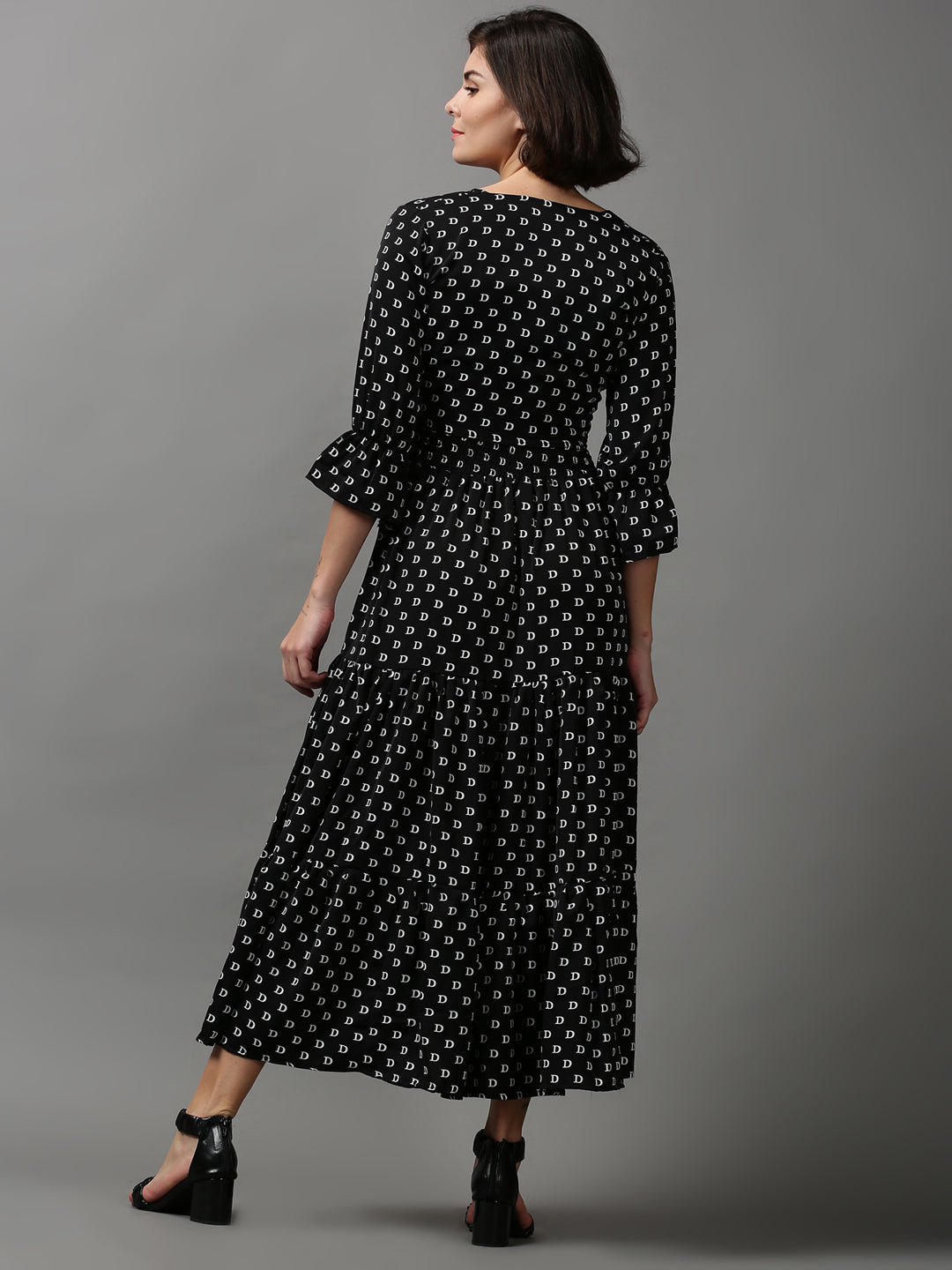 Women's Black Printed Crepe Midi Dress With Shrug