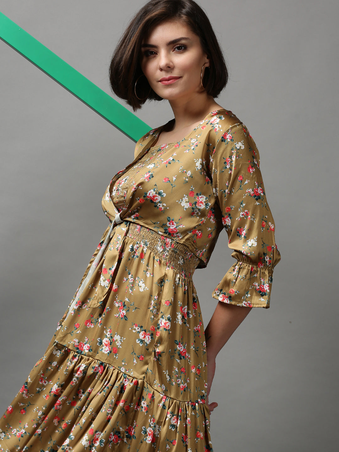 Women's Khaki Floral Printed Tiered Maxi Dress