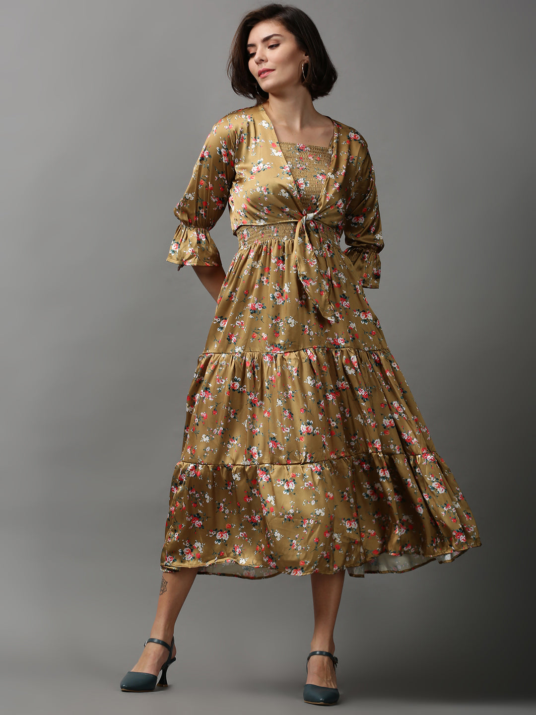 Women's Khaki Floral Printed Tiered Maxi Dress