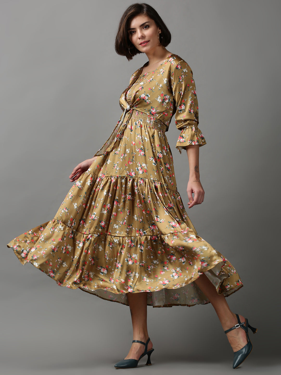 Women's Khaki Floral Printed Tiered Maxi Dress