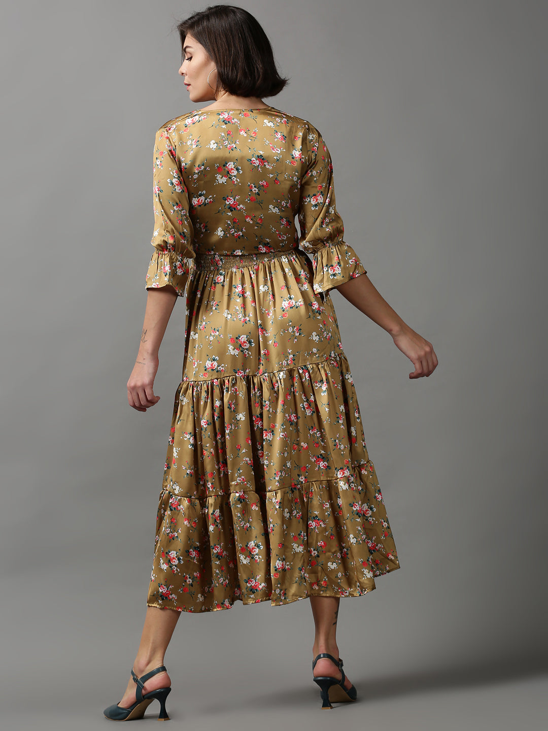 Women's Khaki Floral Printed Tiered Maxi Dress