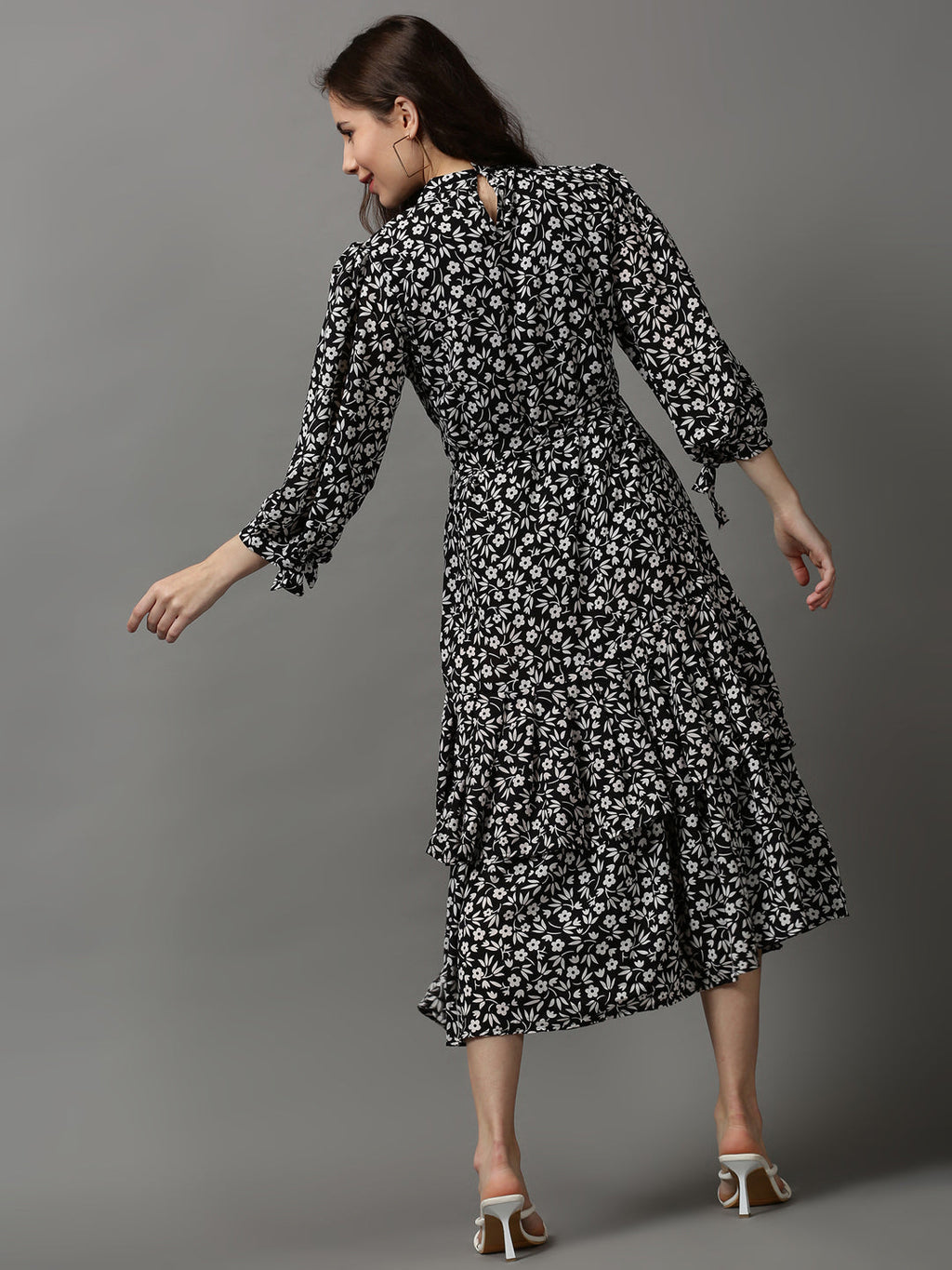 Women's Black Floral A-Line Midi Dress