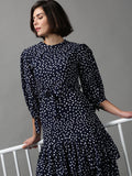 Women's Navy Blue Polka Dot Printed Layered Chiffon Dress