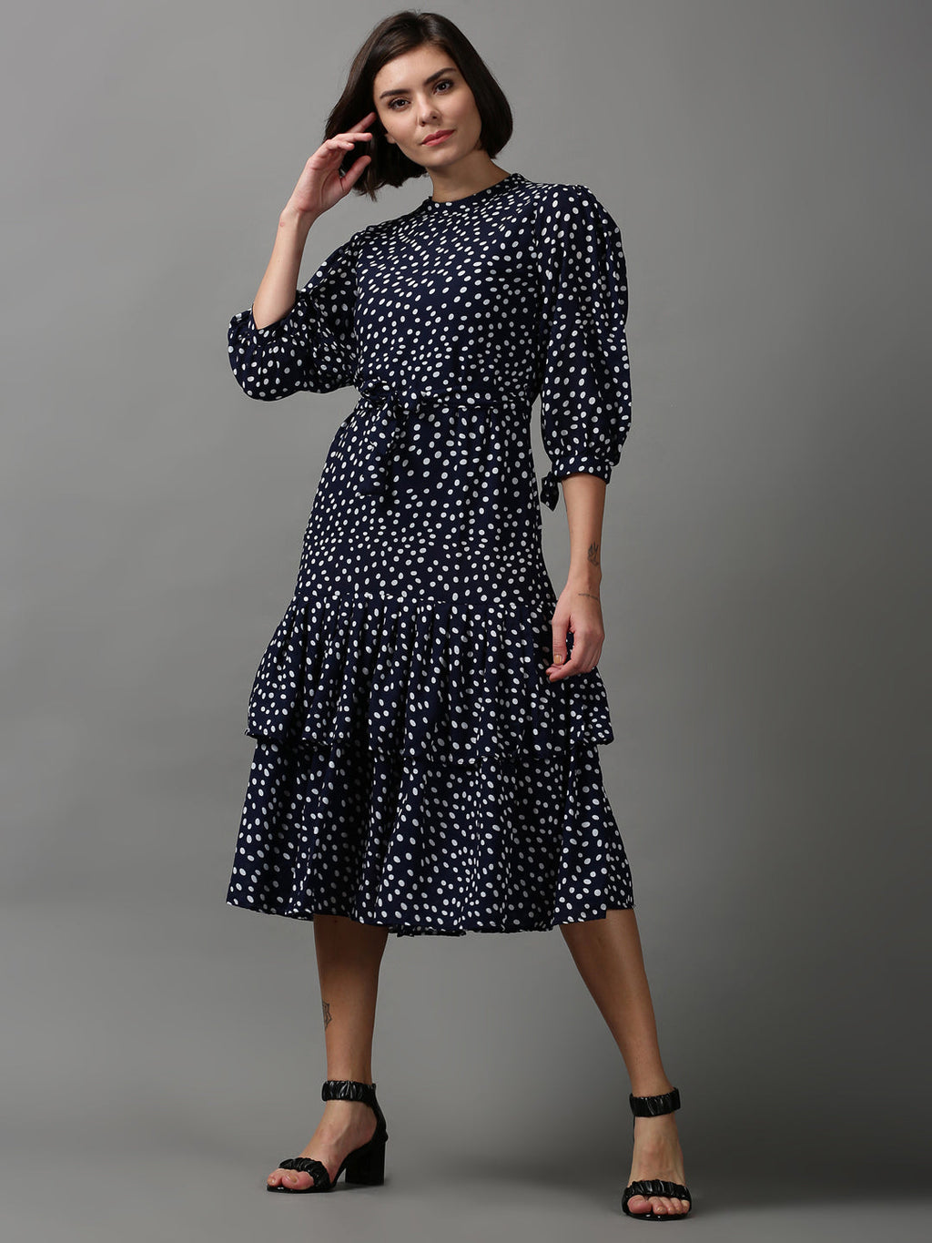 Women's Navy Blue Polka Dot Printed Layered Chiffon Dress