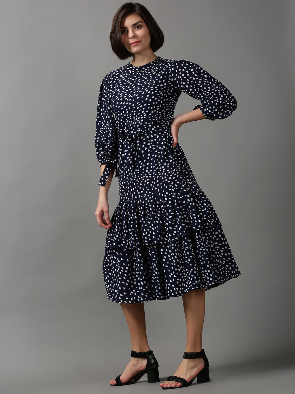 Women's Navy Blue Polka Dot Printed Layered Chiffon Dress