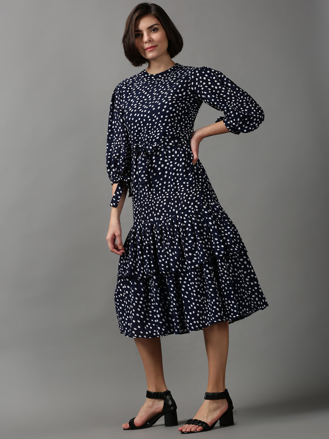 Women's Navy Blue Polka Dot Printed Layered Chiffon Dress