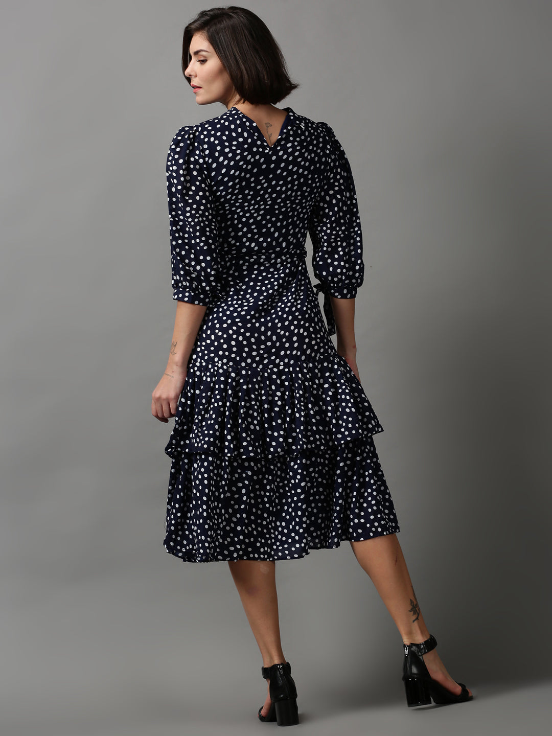 Women's Navy Blue Polka Dot Printed Layered Chiffon Dress