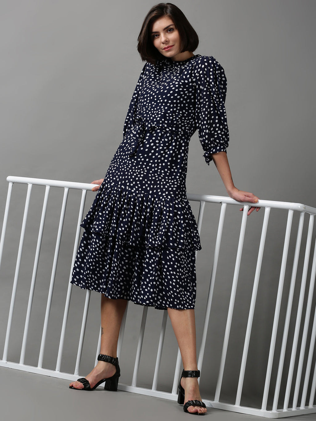 Women's Navy Blue Polka Dot Printed Layered Chiffon Dress