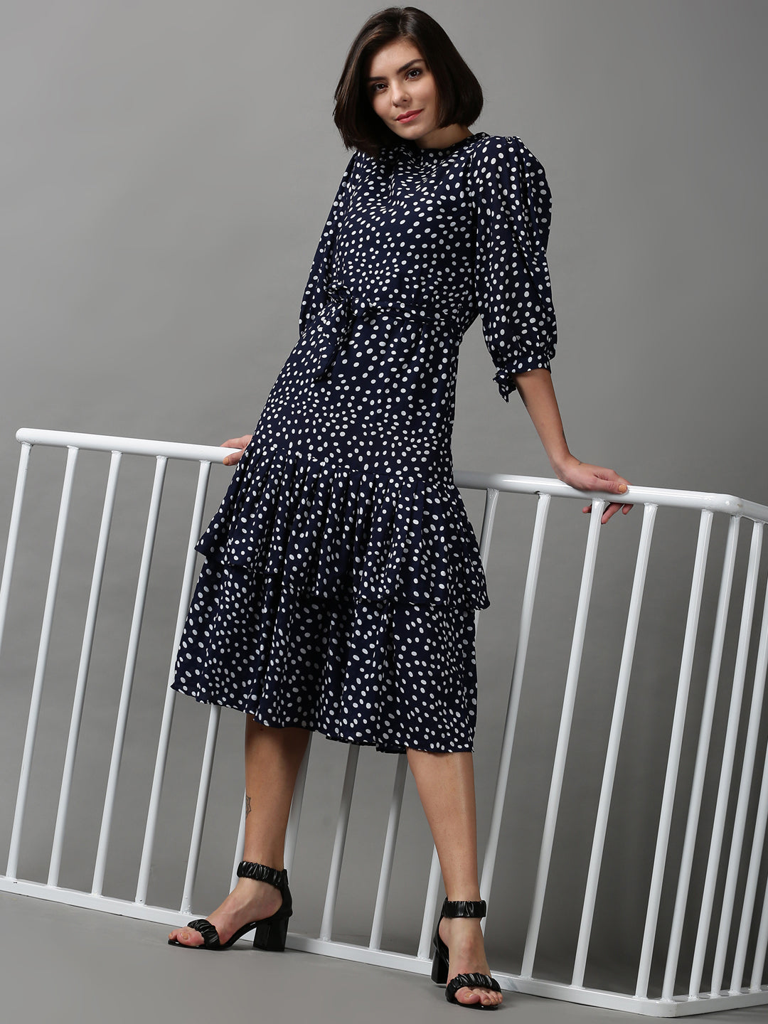 Women's Navy Blue Polka Dot Printed Layered Chiffon Dress