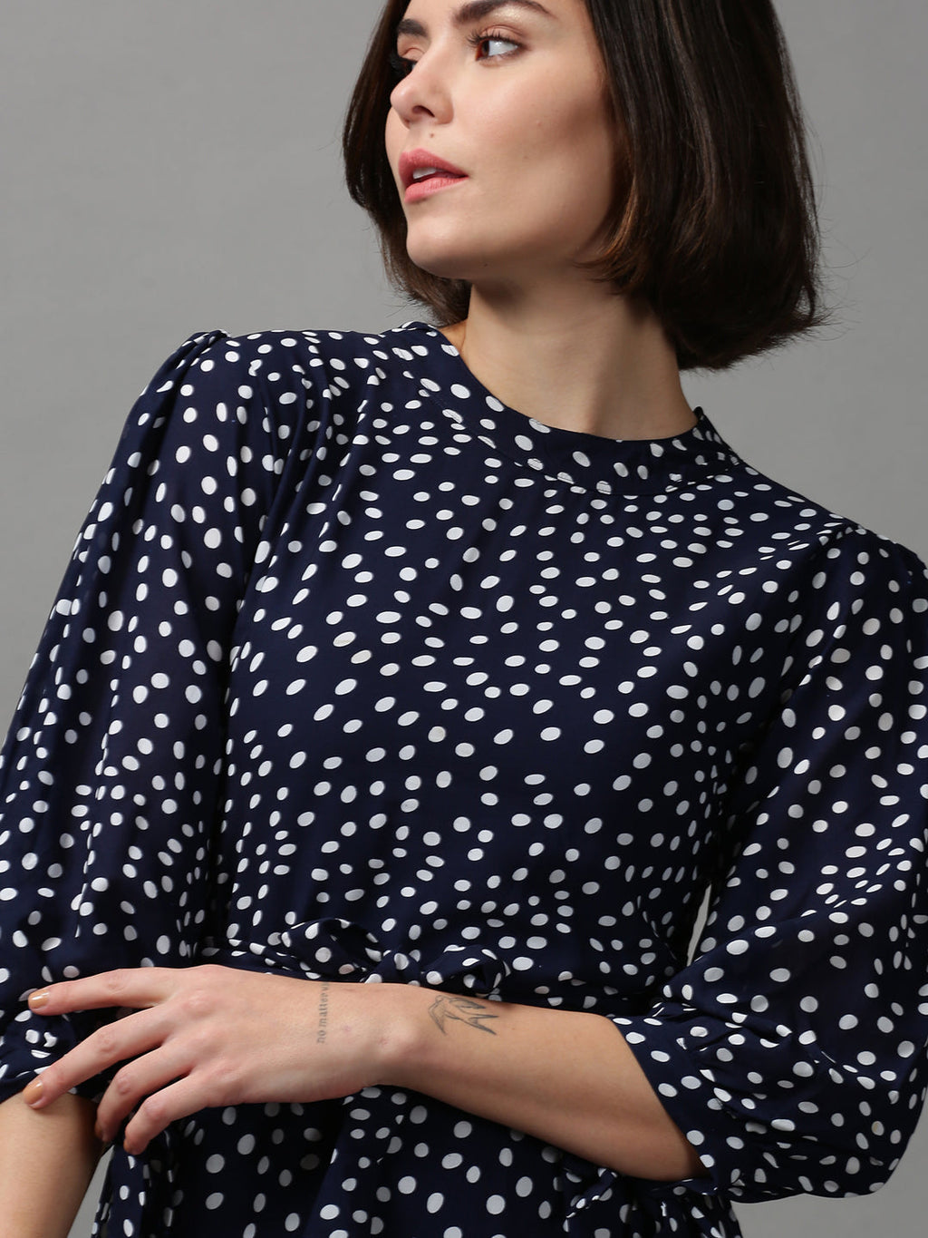 Women's Navy Blue Polka Dot Printed Layered Chiffon Dress