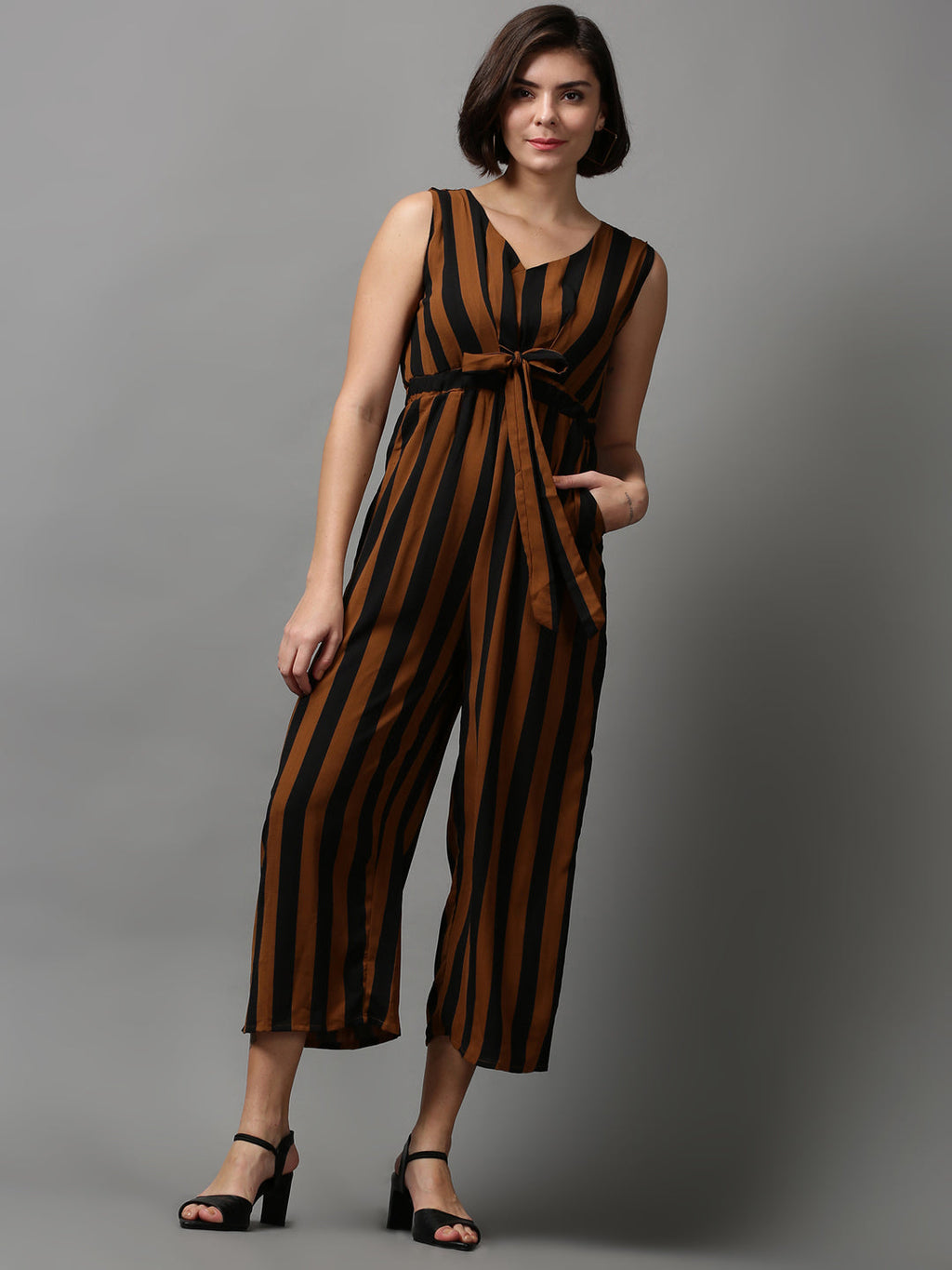 Women's Brown Striped Basic Jumpsuit