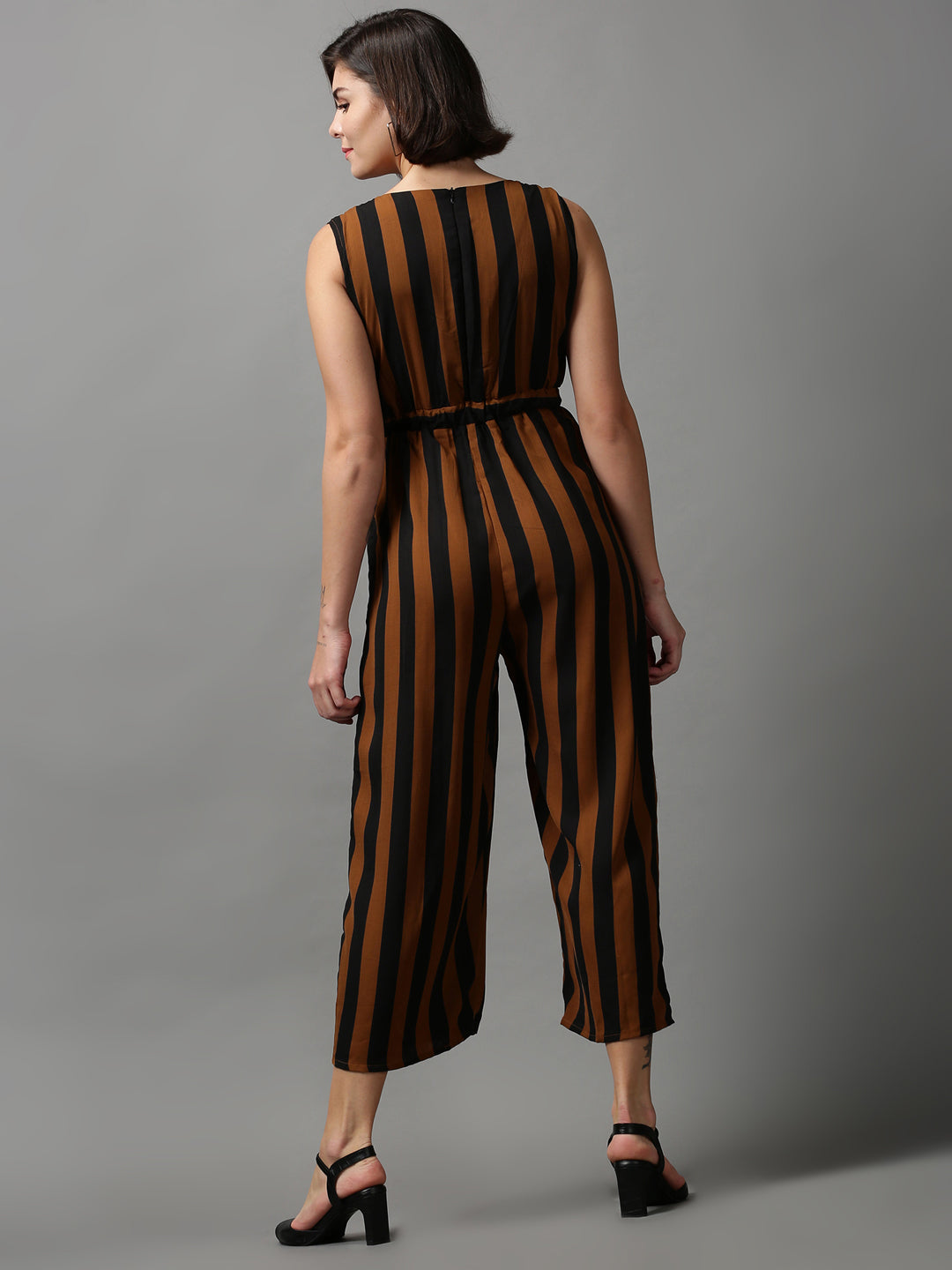 Women's Brown Striped Basic Jumpsuit