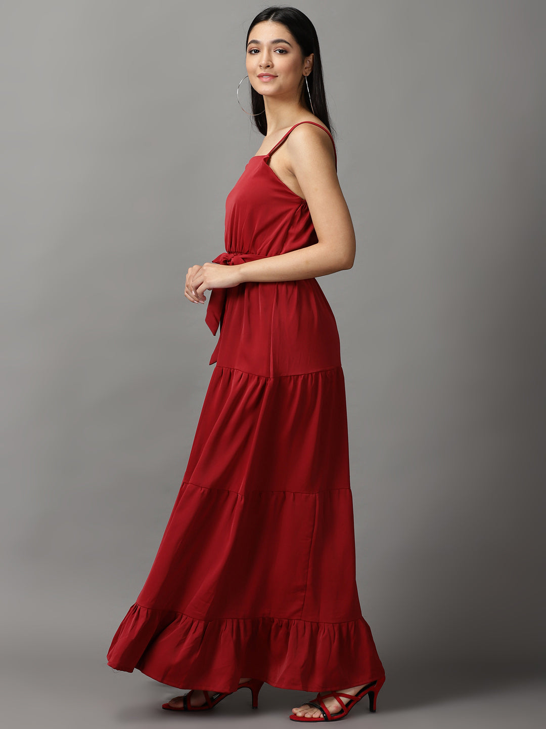 Women's Maroon Shoulder Straps Fit & Flare Dress