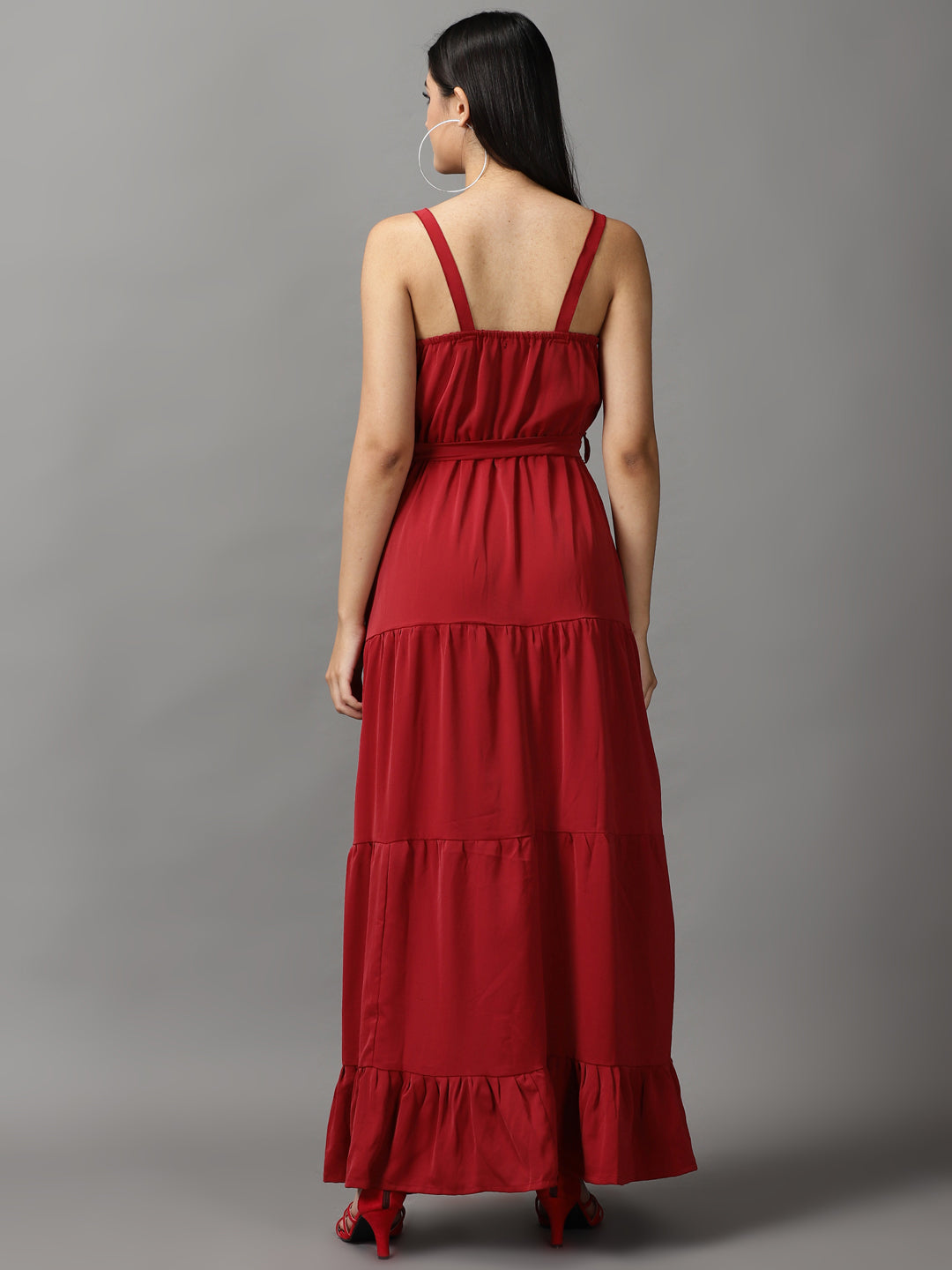 Women's Maroon Shoulder Straps Fit & Flare Dress