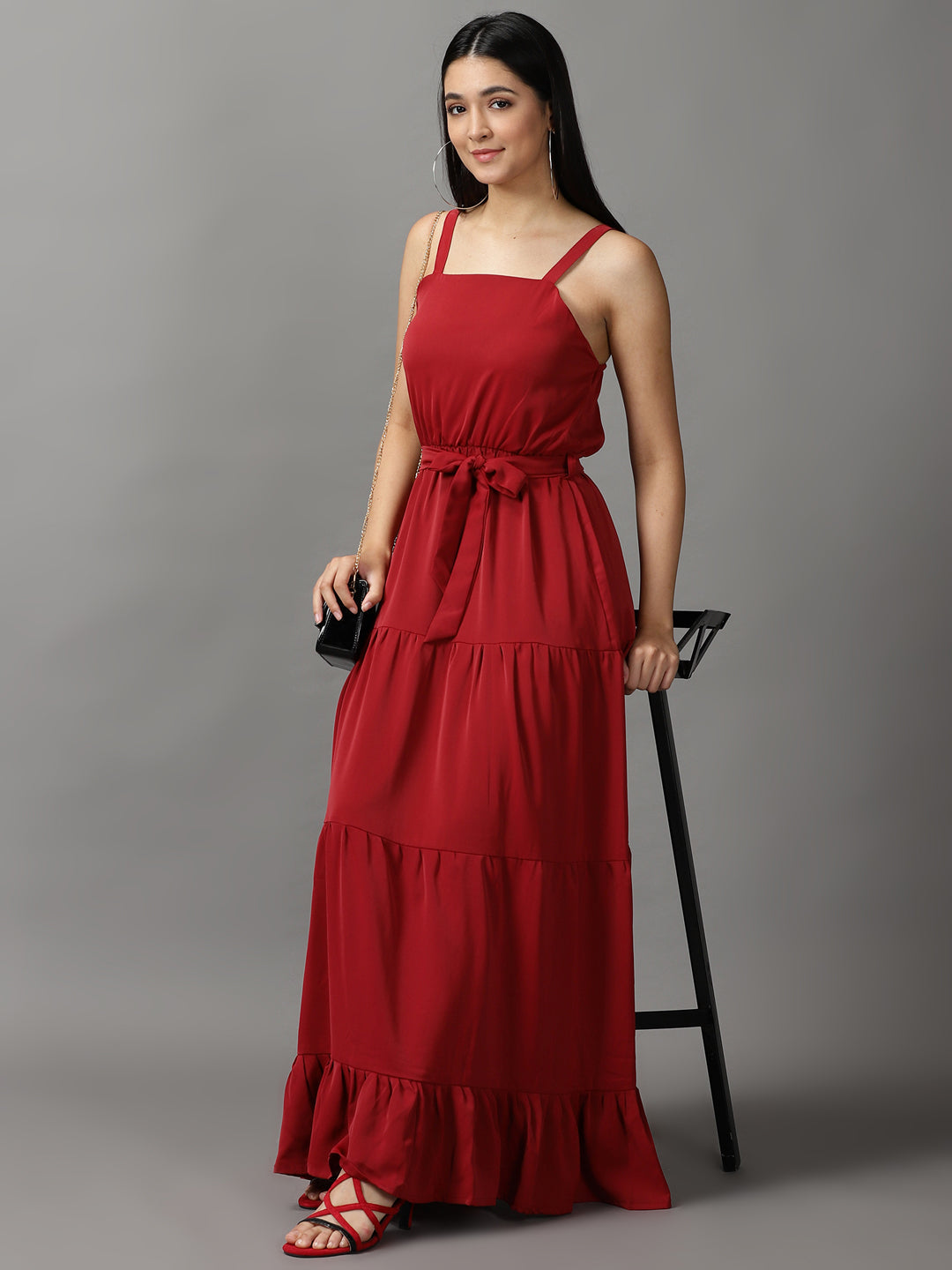 Women's Maroon Shoulder Straps Fit & Flare Dress