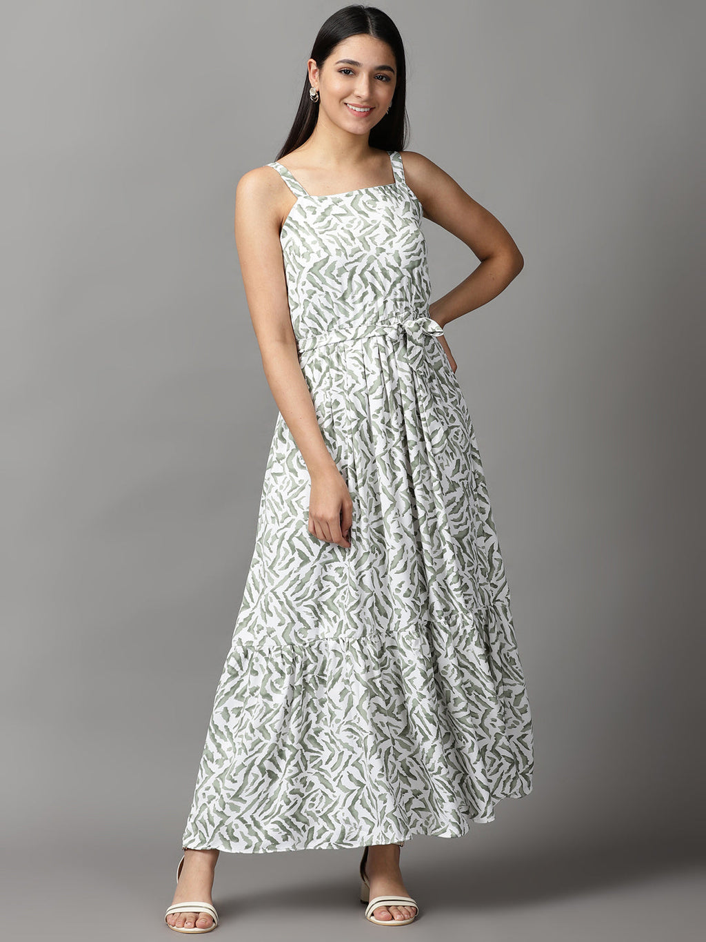 Women's White Polka Dots Sleeveless Fit and Flare Maxi Dress