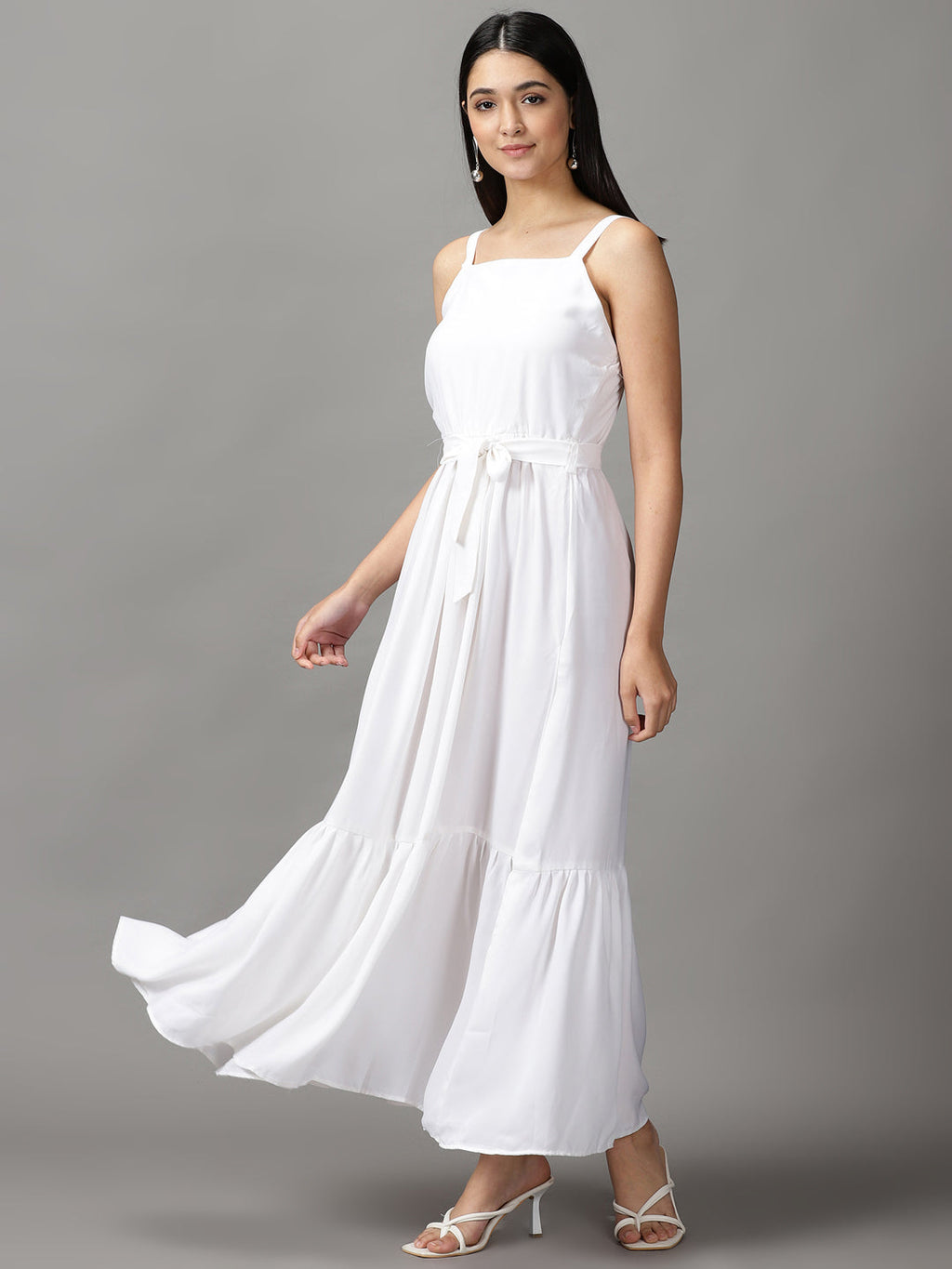 Women's White Crepe Fit and Flare Maxi Dress