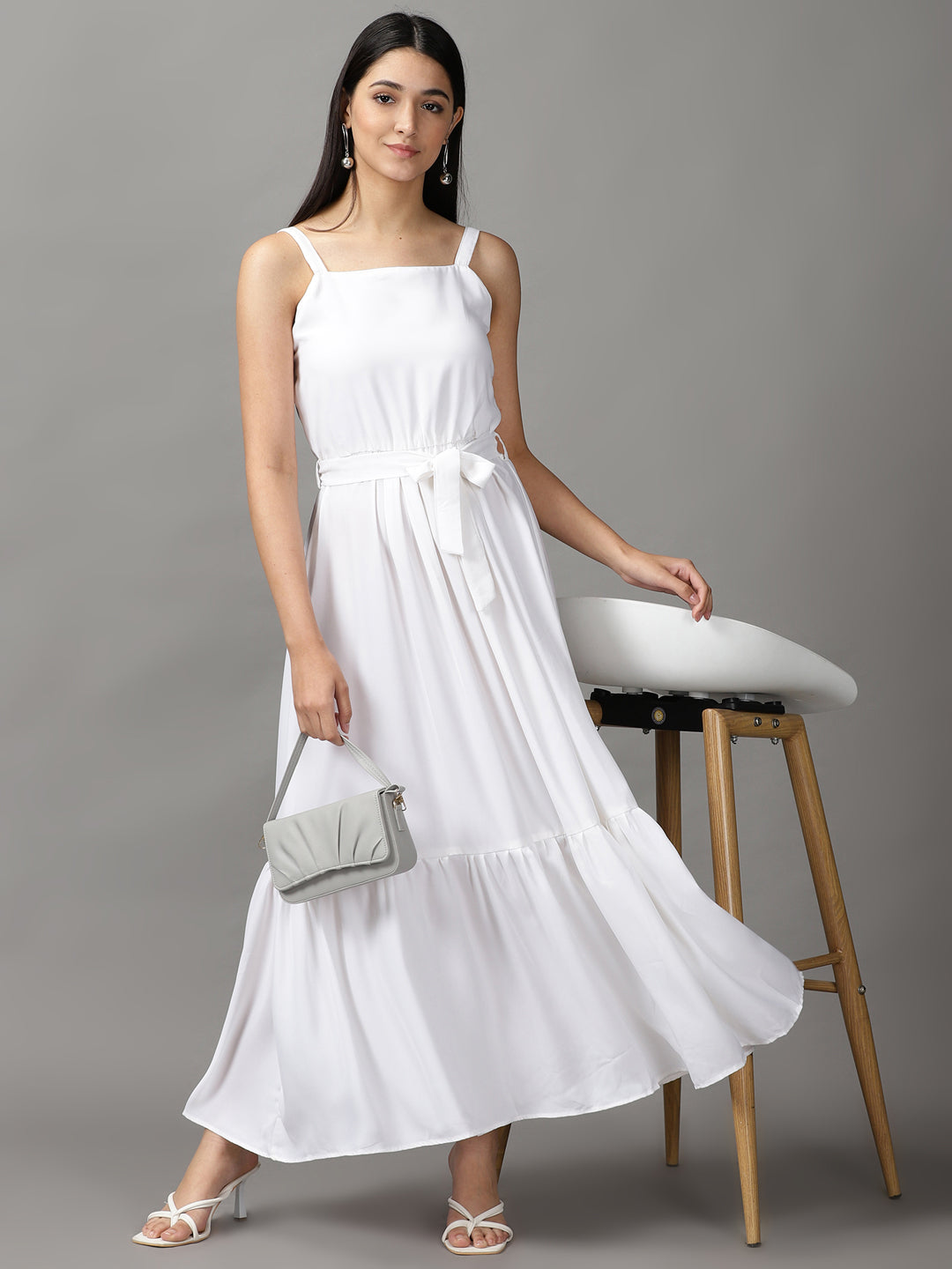 Women's White Crepe Fit and Flare Maxi Dress