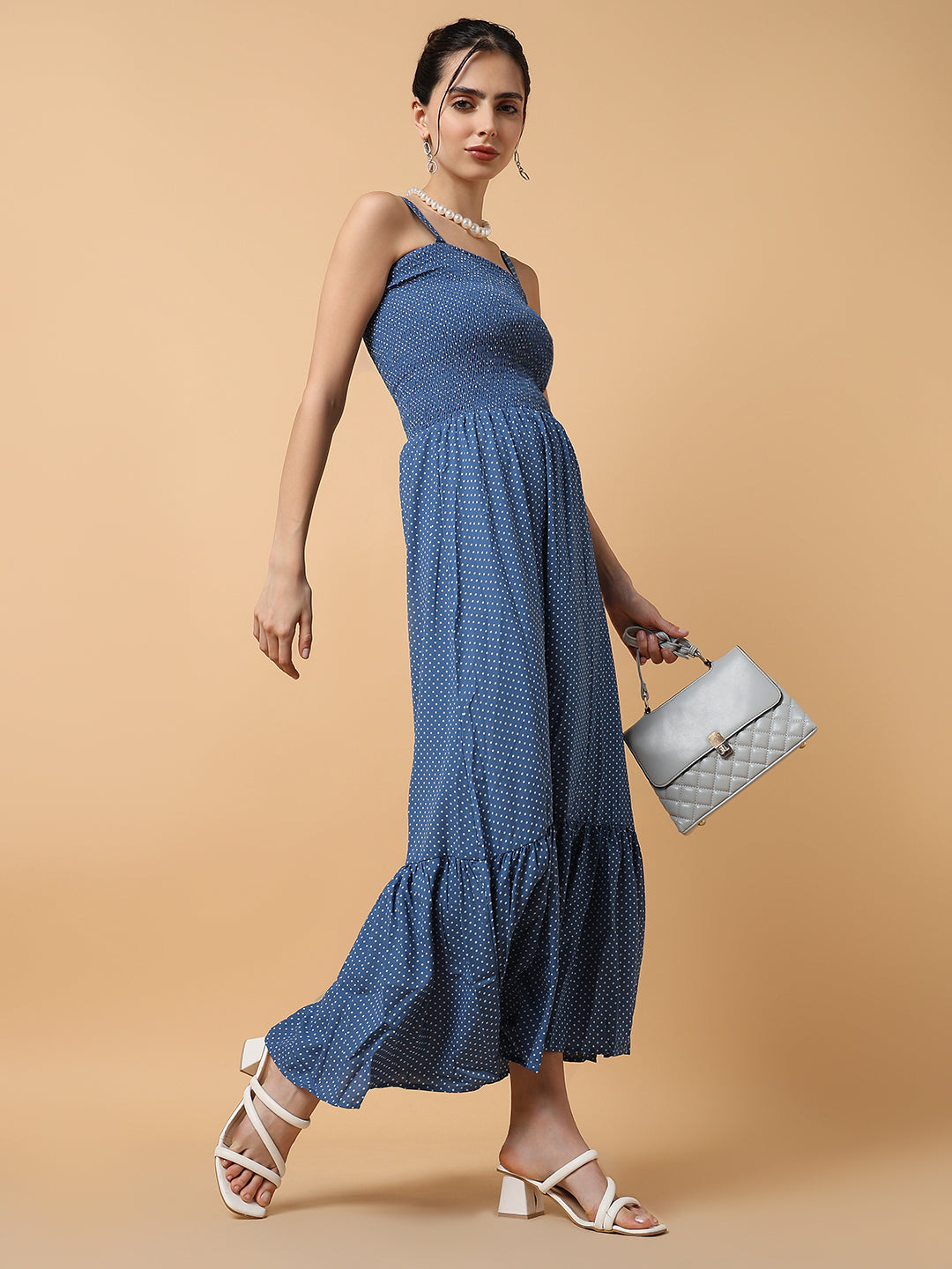 Women's Blue Polka Dots Fit & Flare Midi Dress