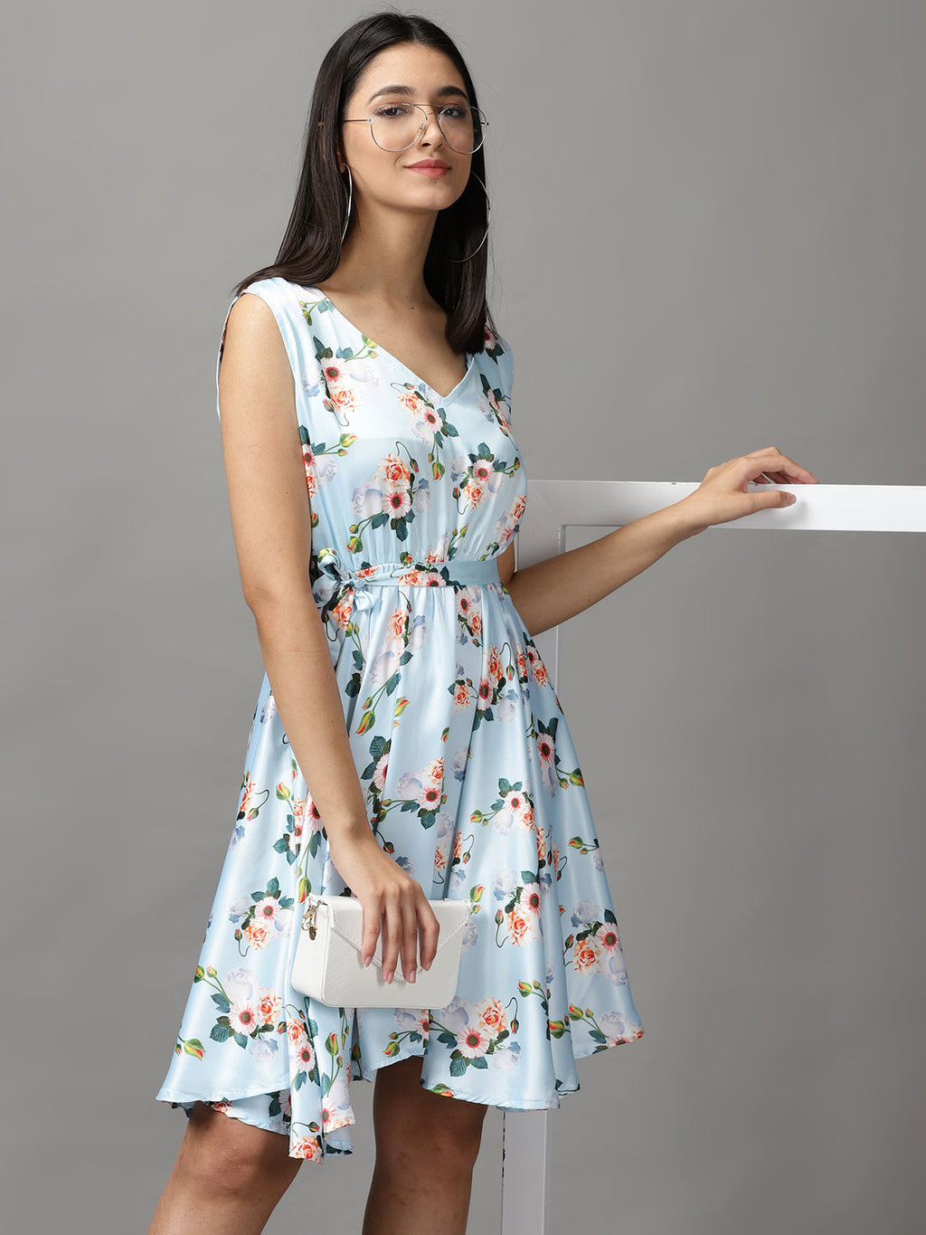 Women's Blue Floral Satin Fit & Flare Dress