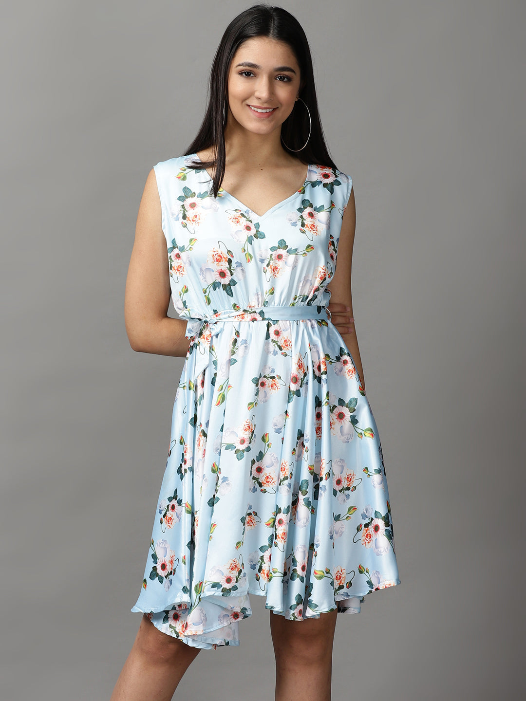 Women's Blue Floral Satin Fit & Flare Dress