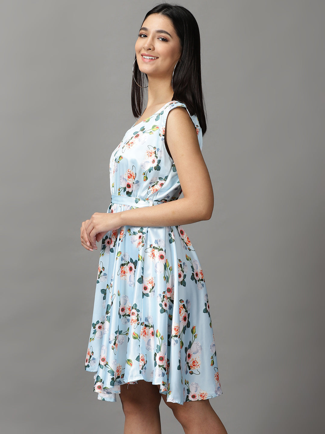 Women's Blue Floral Satin Fit & Flare Dress