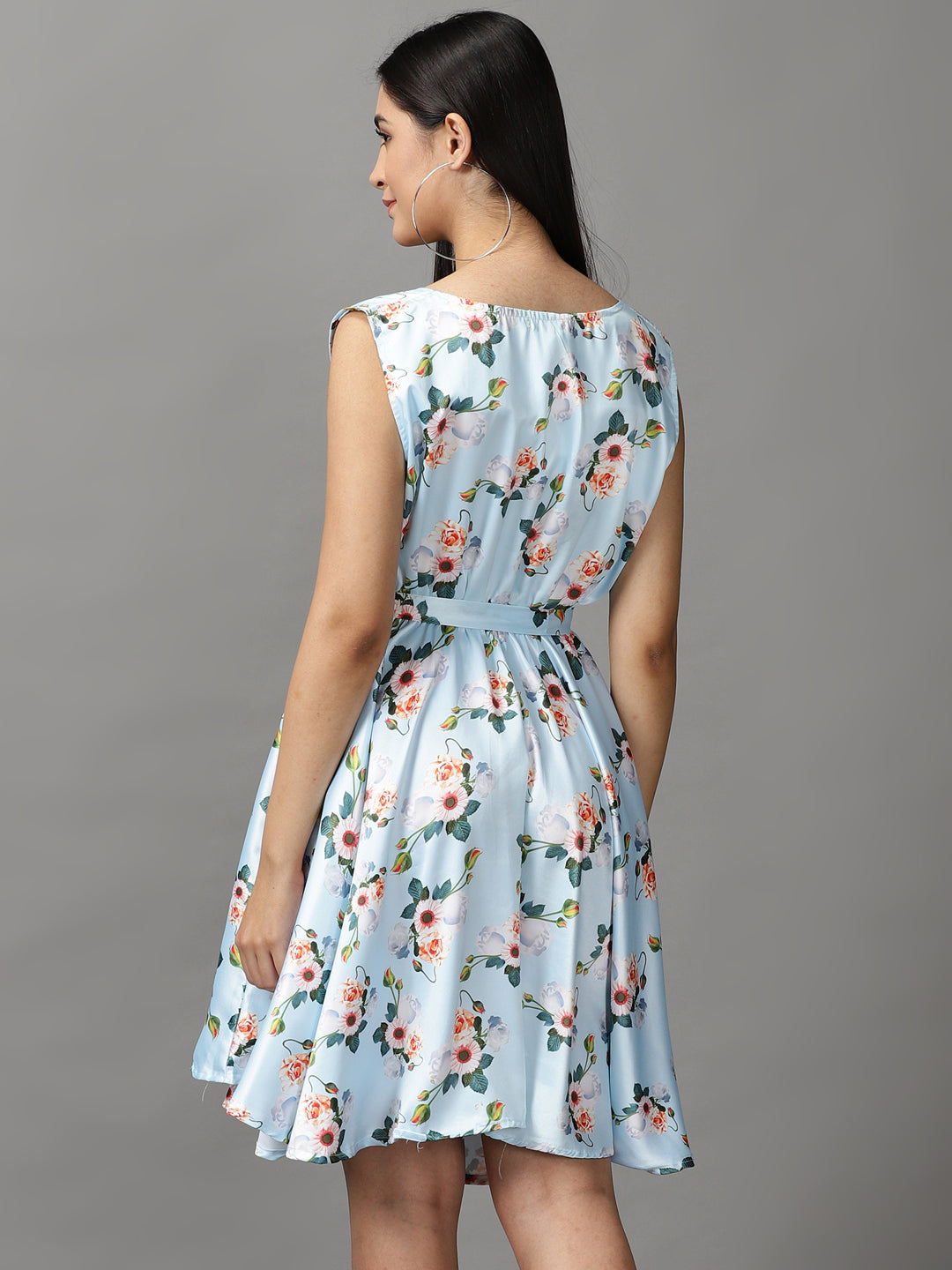 Women's Blue Floral Satin Fit & Flare Dress