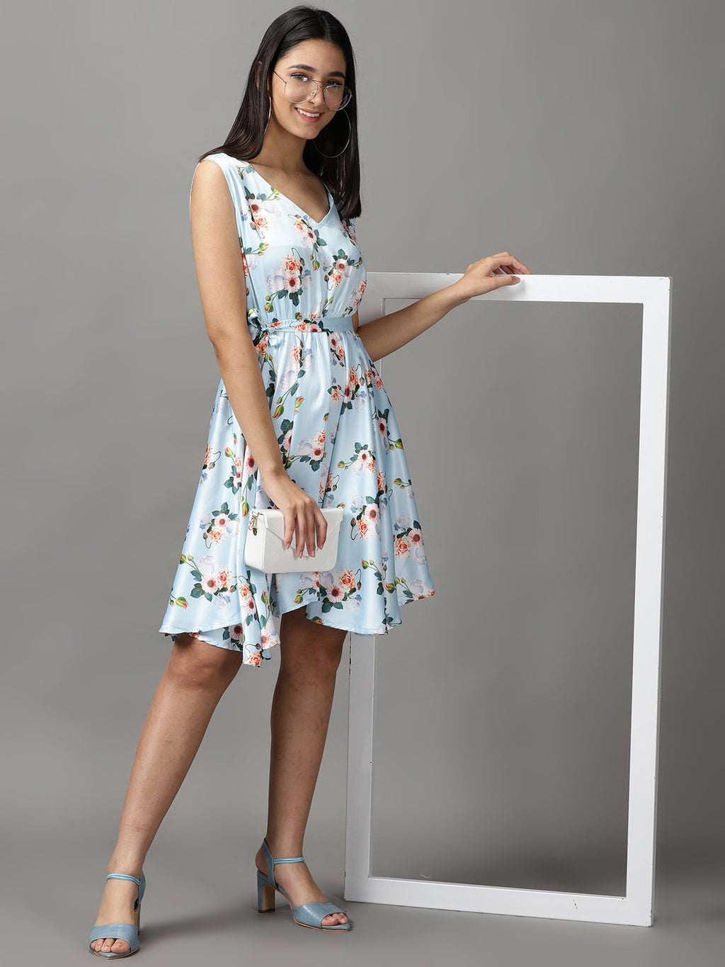Women's Blue Floral Satin Fit & Flare Dress
