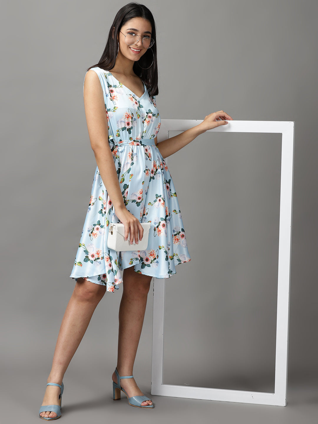 Women's Blue Floral Satin Fit & Flare Dress