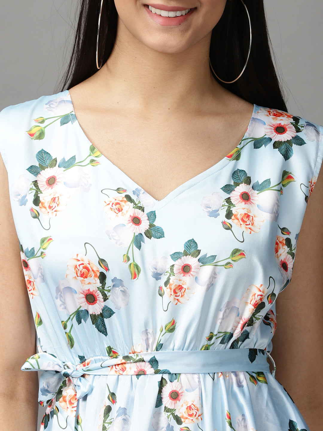 Women's Blue Floral Satin Fit & Flare Dress