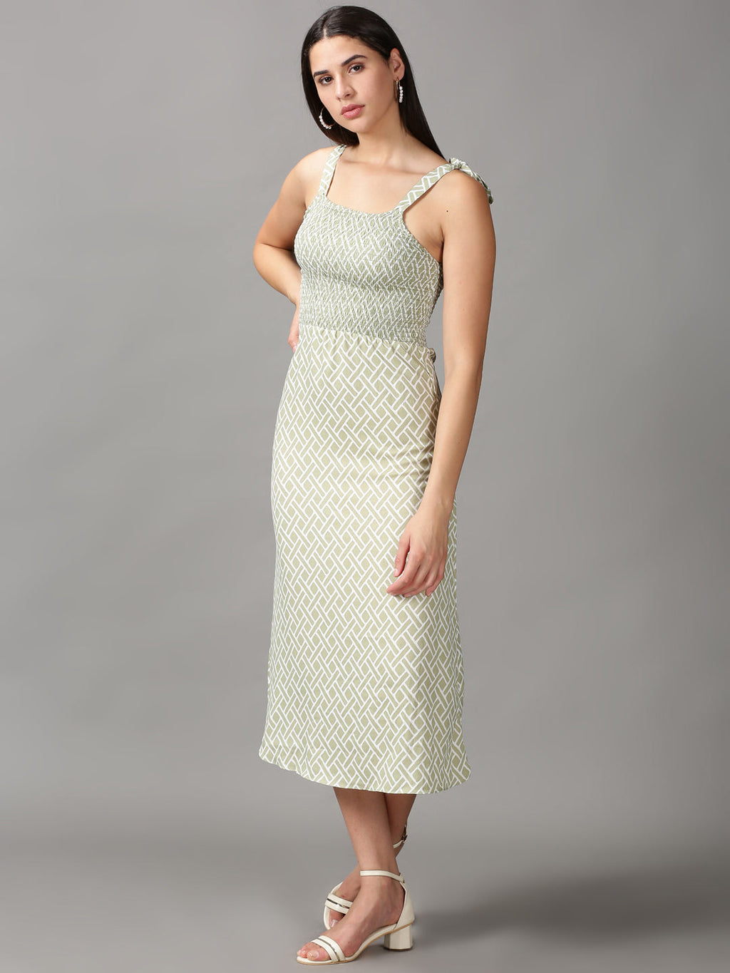 Women's Green Geometric Crepe Fit & Flare Dress