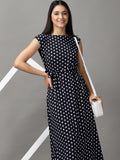 Women's Navy Blue Chiffon Midi Polka Dots Fit and Flare Dress