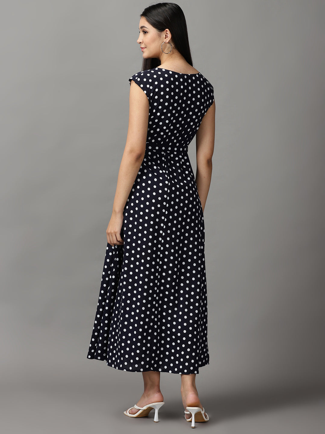 Women's Navy Blue Chiffon Midi Polka Dots Fit and Flare Dress