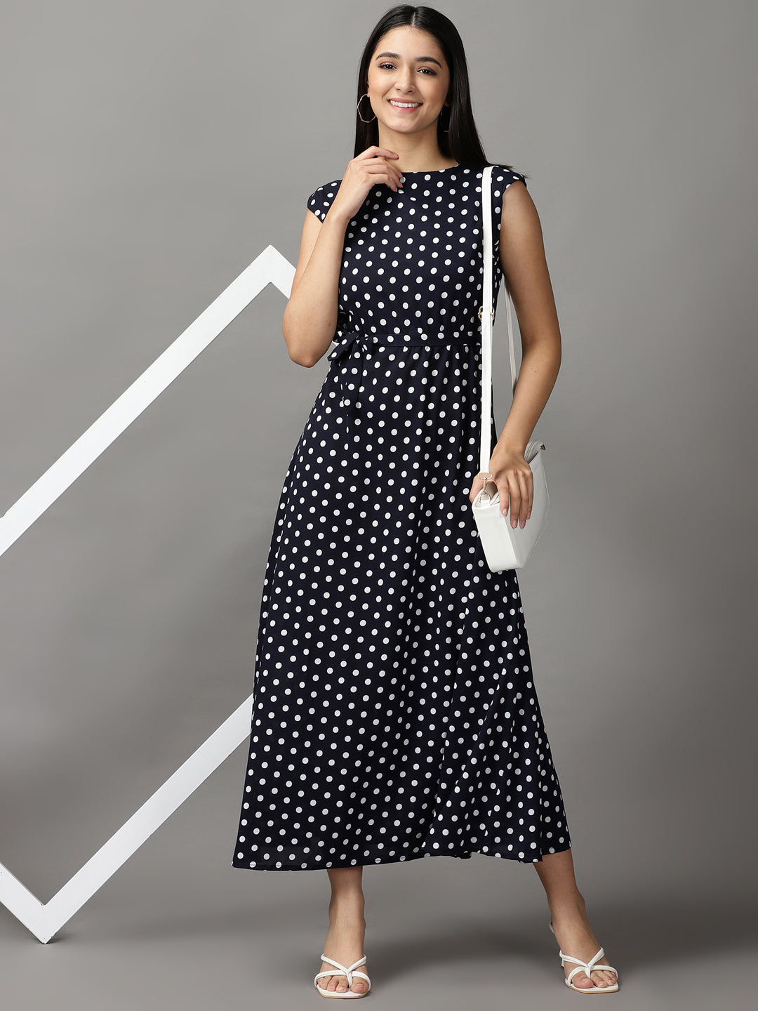 Women's Navy Blue Chiffon Midi Polka Dots Fit and Flare Dress