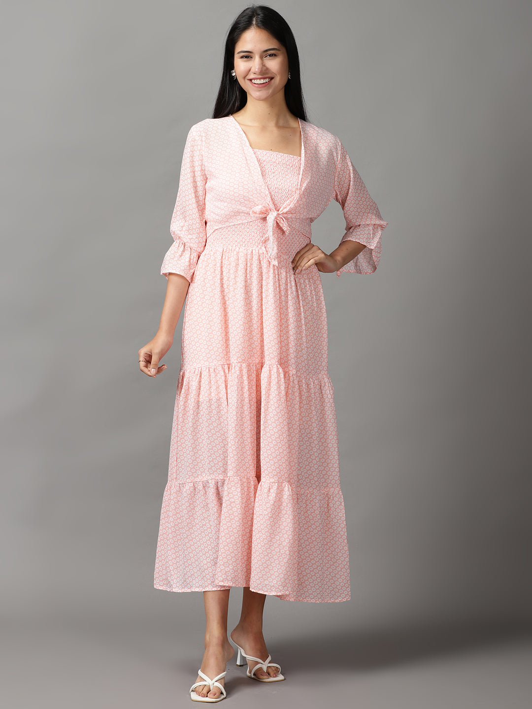 Women's Peach Layered Chiffon Fit and Flare Dress