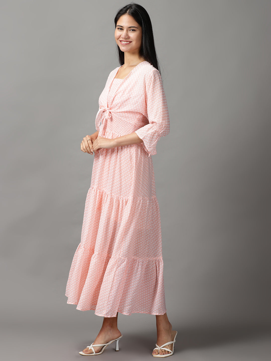 Women's Peach Layered Chiffon Fit and Flare Dress