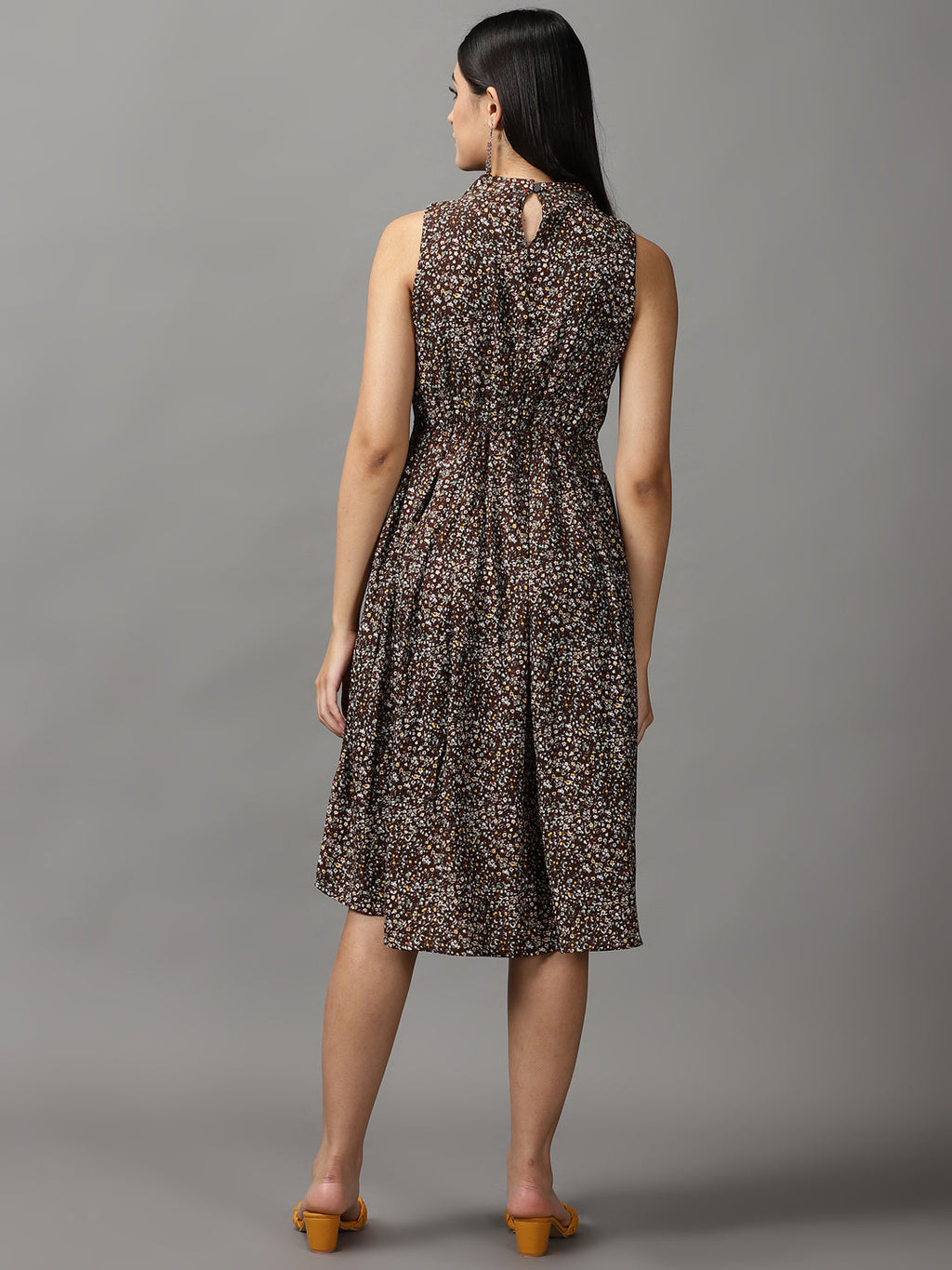Women's Brown Floral Keyhole Neck Georgette Dress