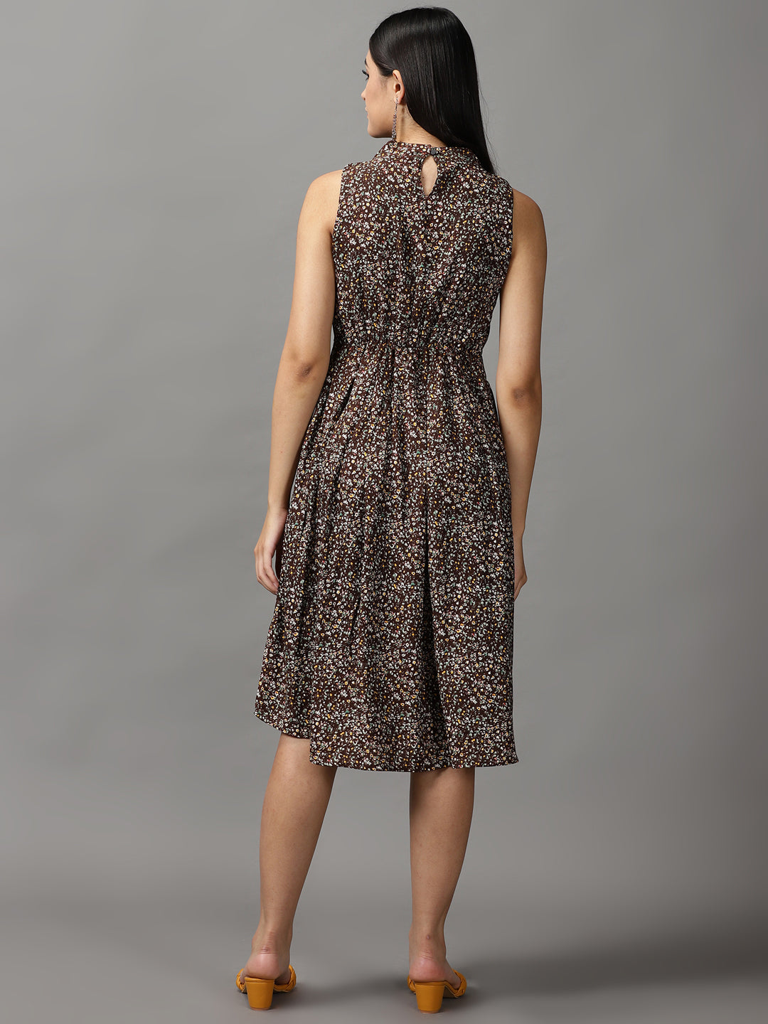 Women's Brown Floral Keyhole Neck Georgette Dress