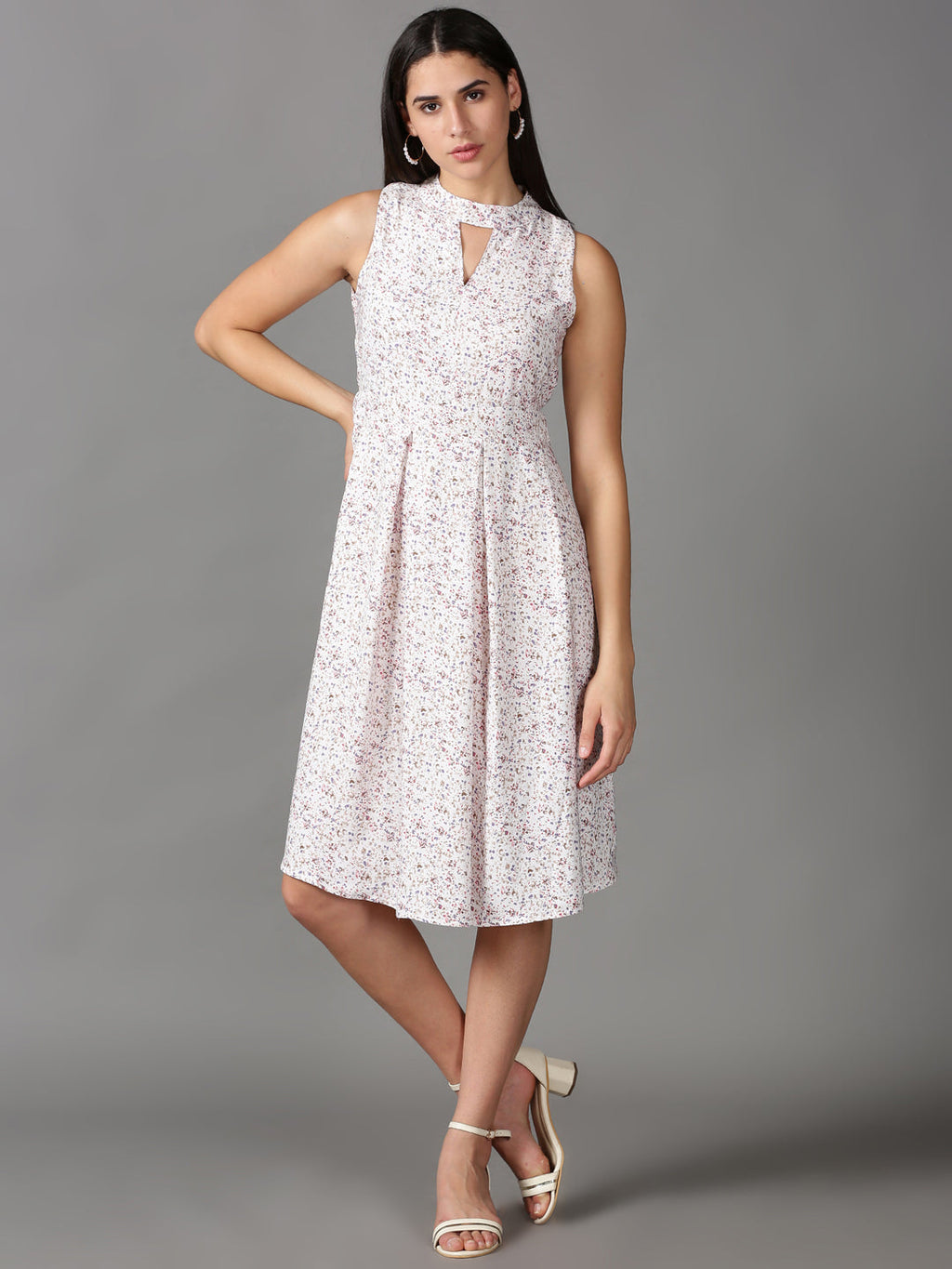 Women's White Floral Fit & Flare Dress
