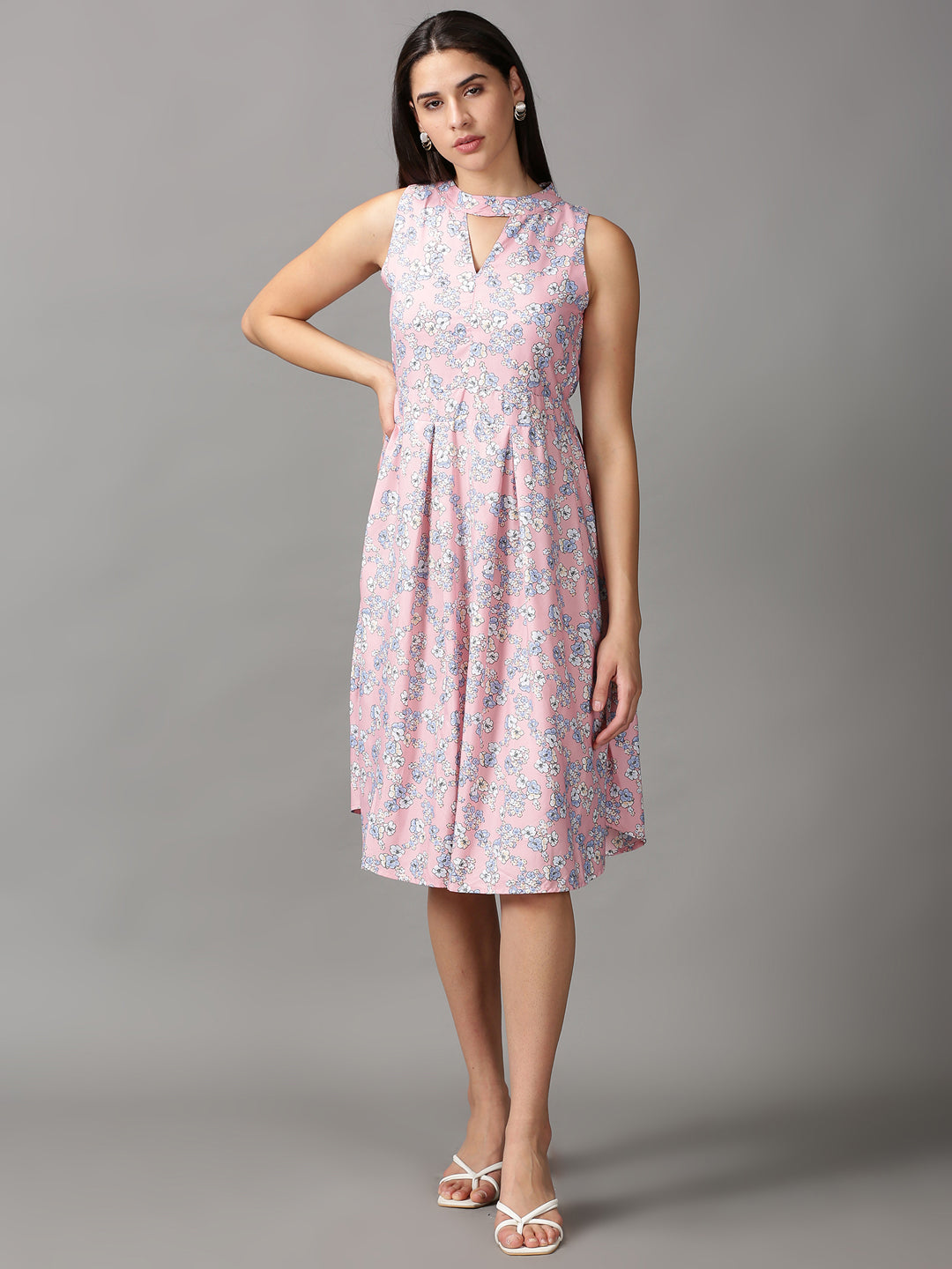 Women's Pink Floral Keyhole Neck A-Line Dress