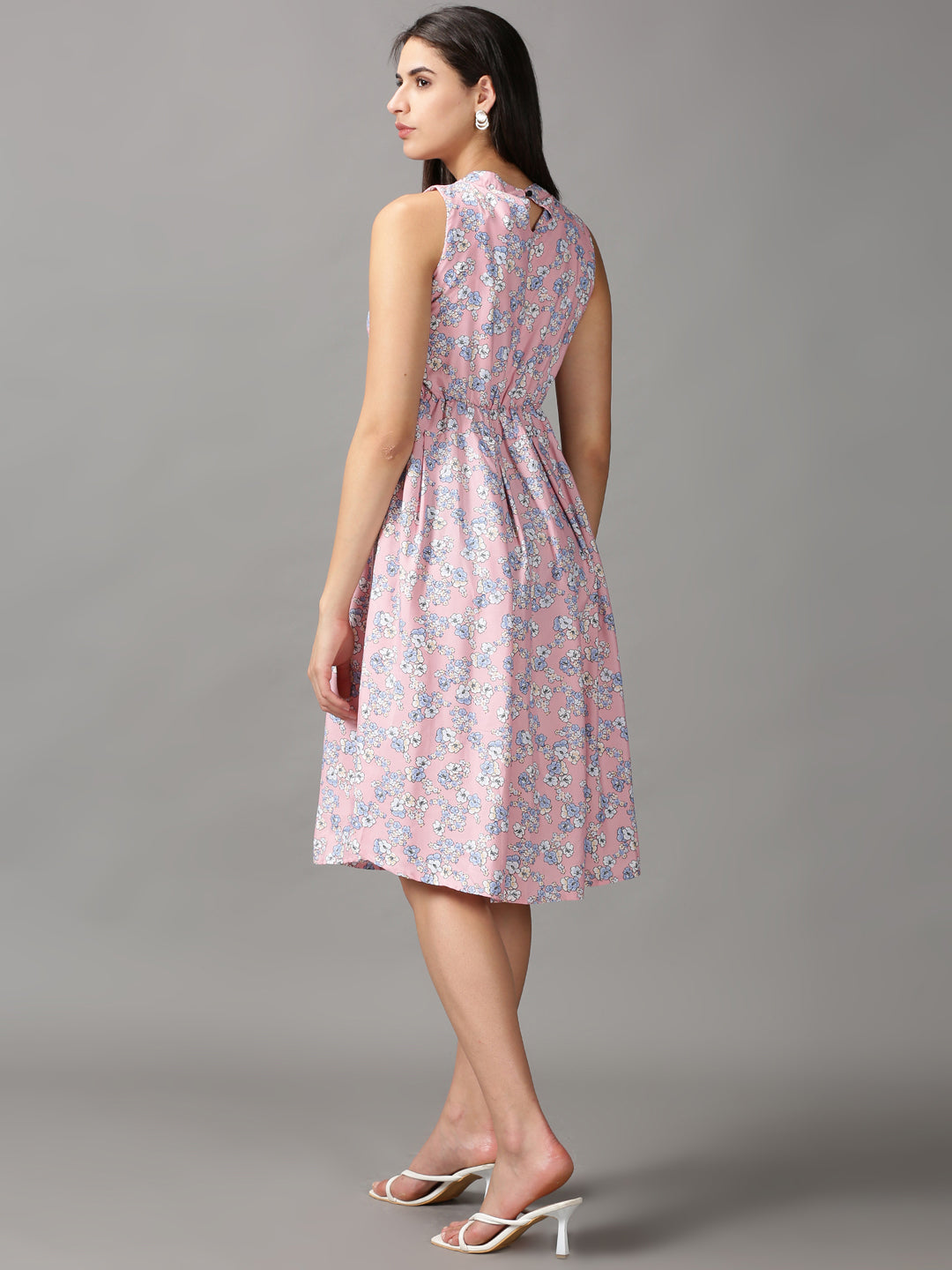 Women's Pink Floral Keyhole Neck A-Line Dress