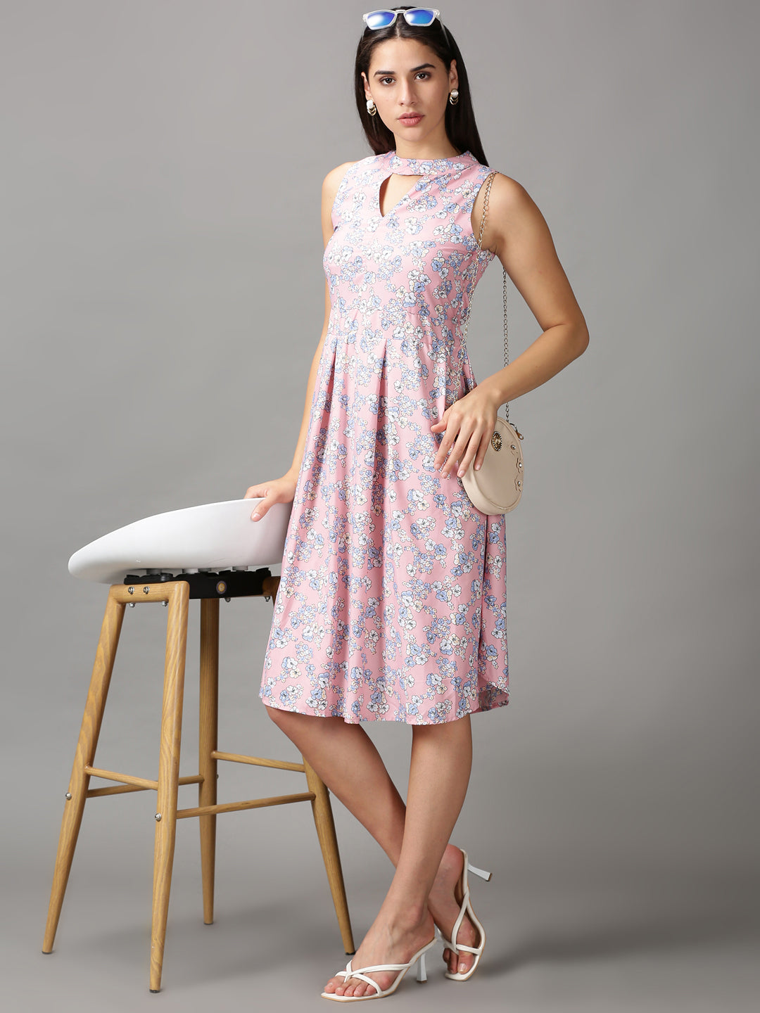 Women's Pink Floral Keyhole Neck A-Line Dress