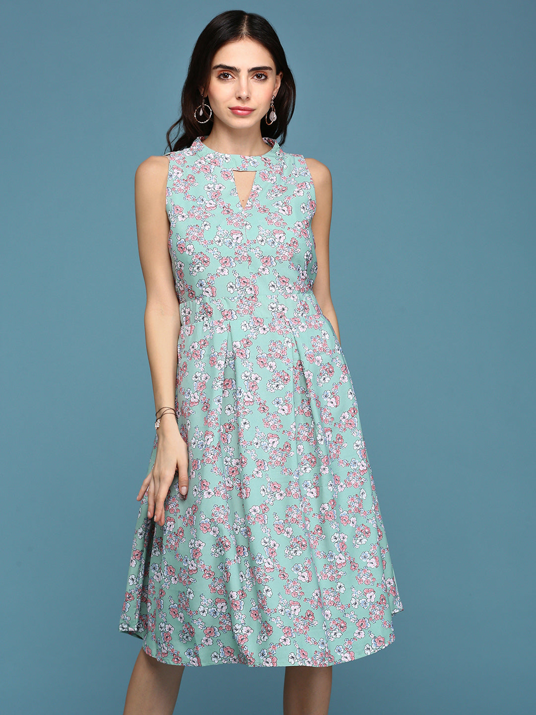 Women's Sea Green Floral Keyhole Neck A-Line Dress
