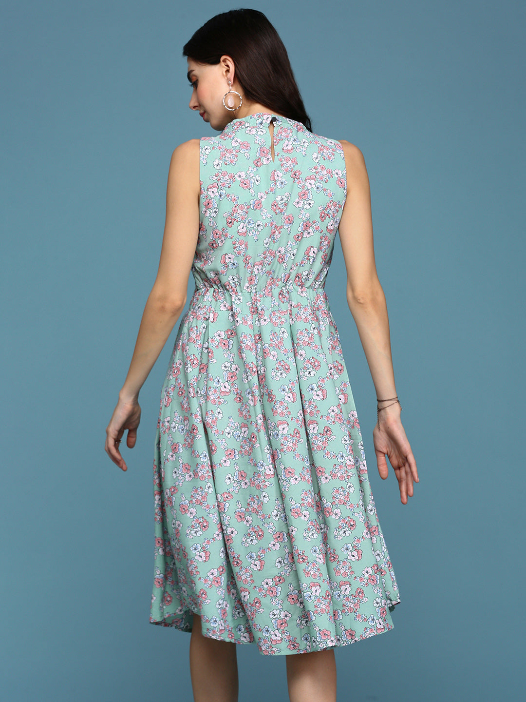 Women's Sea Green Floral Keyhole Neck A-Line Dress